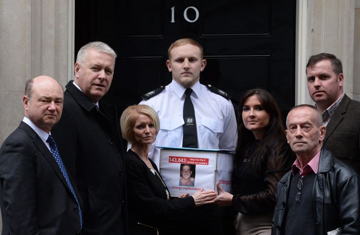 Yvonne McHugh (third right), the girlfriend of Billy Irving who is being held in a prison in Chennai in India, is joined by family members of other prisoners, as they deliver a petition to 10 Downing Street in London calling for their release.
