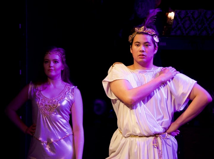 <p>Matthew Bautista (King Herod) demands to see a magic trick.</p>