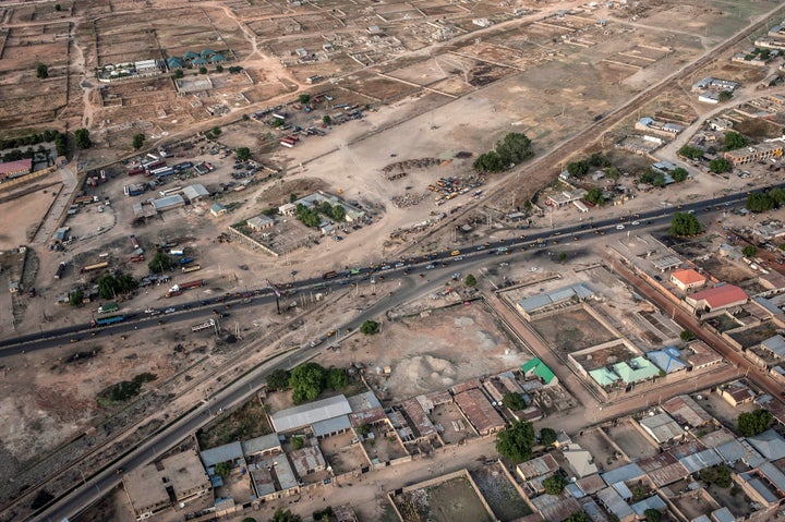 An aerial view taken on December 8, 2016 shows infrastructure and houses in Maiduguri, Borno State, northeastern Nigeria.