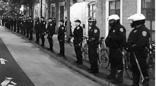 SFPD Officers in front of Mission Police Station during protest of Luis Demetrio Gongora Pat killing, April 7, 2016