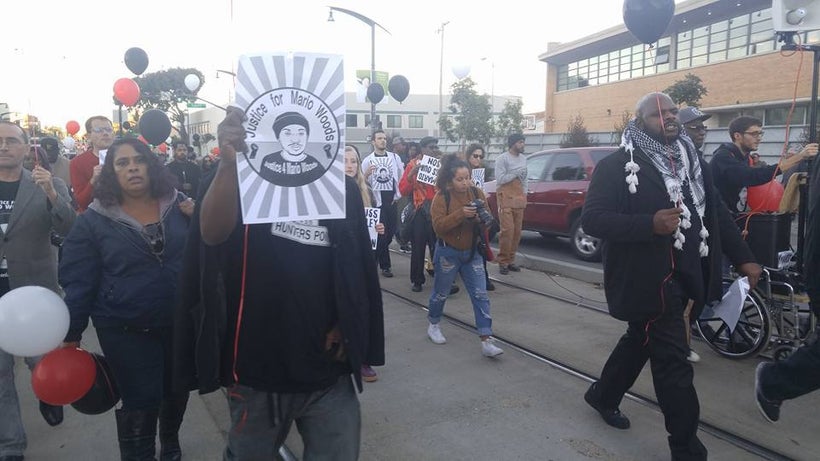 Pastor Ben McBride leads hundreds of protestors marching on 3rd Street in San Francisco commemorating one year since SFPD exe