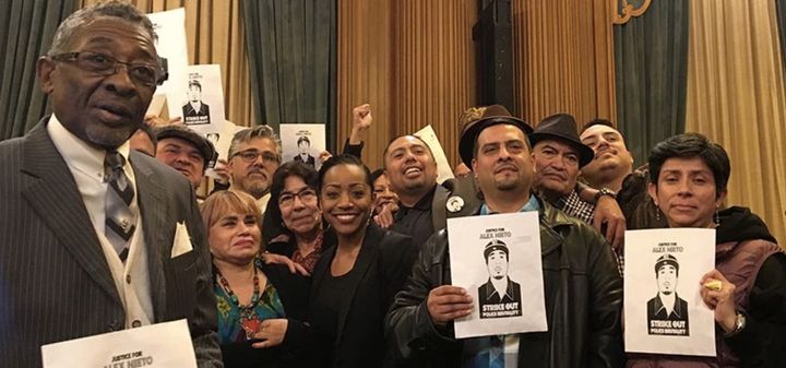 Alex Nieto’s parents Refugio and Elvira Justice 4 Alex Nieto and Justice 4 Mario Woods Coalitions celebrate 9-1 decision by SF Board of Supervisors to create permanent memorial to Alex on Bernal Hill with Supervisors Cohen and Avalos, SF City Hall, December 13, 2016