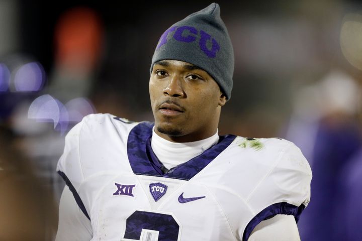 TCU quarterback Trevone Boykin stands on the sidelines during the second half of an NCAA college football game against Iowa State in Ames, Iowa. Boykin has been charged with felony assault of a police officer.