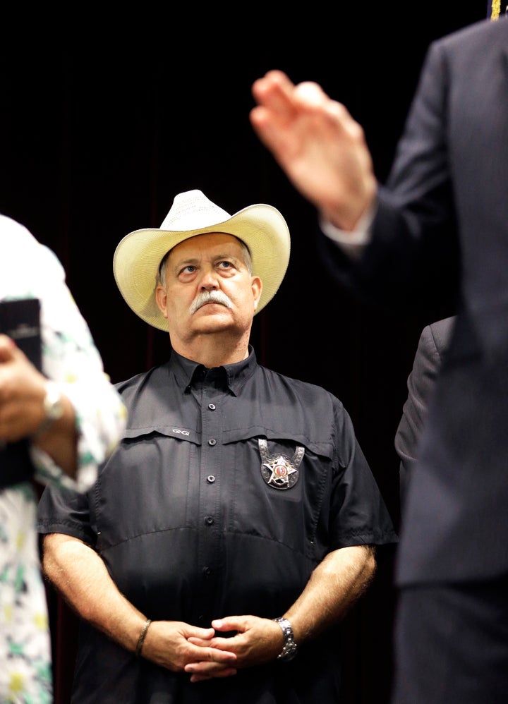 Waller County Sheriff Glenn Smith listens during a news conference, Tuesday, July 21, 2015, in Prairie View, Texas, following a meeting regarding the investigation into the death of Sandra Bland