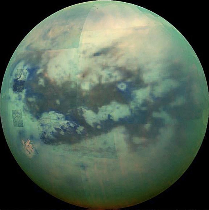 Composite image infrared view of Saturn’s moon, Titan, taken by NASA’s Cassini spacecraft on Nov. 13, 2005.