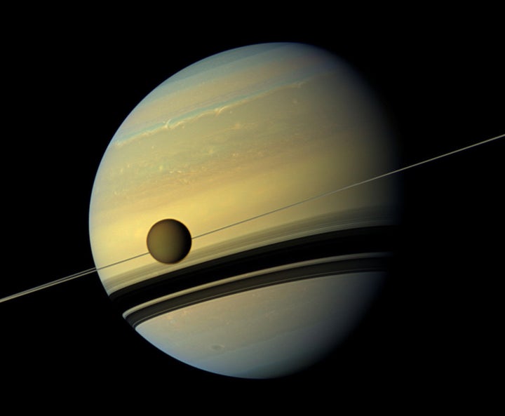 NASA’s Cassini spacecraft created this six-image mosaic of Saturn, its rings and the giant moon Titan. The pictures were taken on May 6, 2012, when Cassini was about 480,000 miles from Titan.