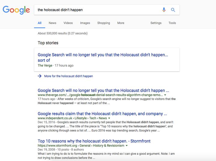 Search results for "the holocaust didn't happen" as of Dec. 27, 2016.