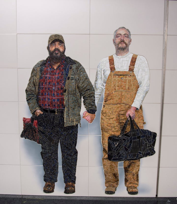 Thor Stockman, left, and husband Patrick Kellogg posed for the photograph on which "Perfect Strangers" is based three years ago in Brooklyn. 