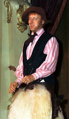 <p>With a cheek full of lima beans, Wally Boag gets ready to scatter faux teeth all over the stage at Disneyland’s Golden Horseshoe Revue.</p>