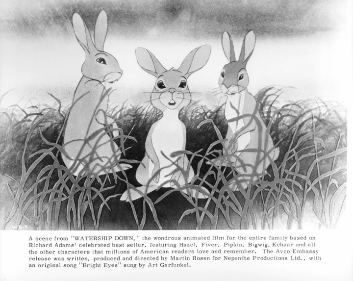 Three rabbits in a scene from the 1978 film "Watership Down."