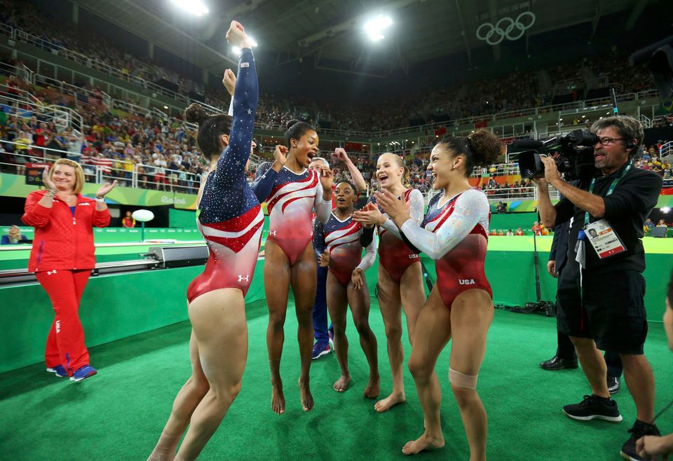 When they were overjoyed after winning the team gold medal.