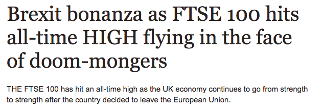 <strong>How the Daily Express online presented the news the FTSE 100 had reached a record high</strong>