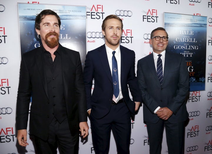 Actors Christian Bale, Ryan Gosling and Steve Carell pose at the premiere of "The Big Short" during the closing night of AFI Fest 2015 in Hollywood on Nov. 12, 2015.