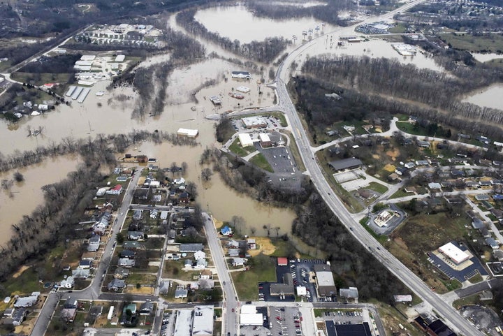 Submerged roads and houses are seen after several days of heavy rain led to flooding, in an aerial view over Union, Missouri, December 29, 2015.