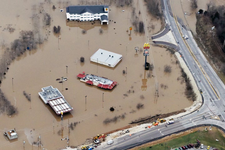 Submerged roads and houses are seen after several days of heavy rain led to flooding, in an aerial view over Union, Missouri December 29, 2015.