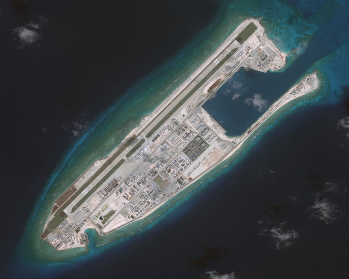 A photograph of an island that China is building on the Fiery Cross Reef in the South China Sea, presented during a Sena
