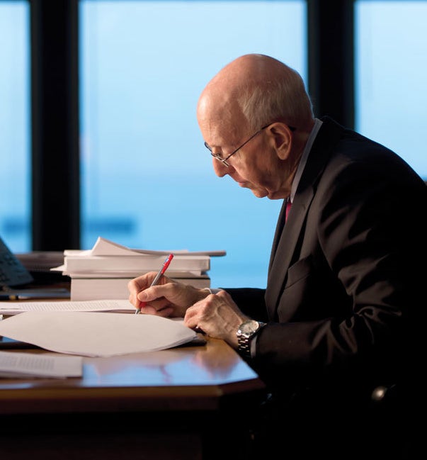 Seventh U.S. Circuit Court of Appeals Judge Richard Posner writes in his office at the Dirksen Federal Building in Chicago. 