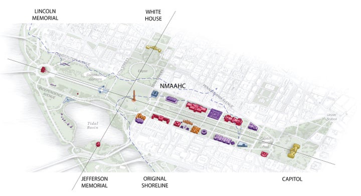 <p>The NMAAHC on the National Mall, labeled with major monuments and the original shoreline of the Potomac River and Tiber Creek. </p>