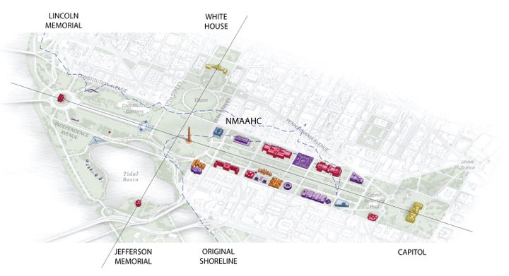 The NMAAHC on the National Mall, labeled with major monuments and the original shoreline of the Potomac River and Tiber Creek. 