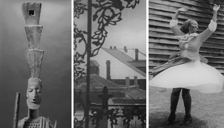 Inspirations for the architecture. LEFT: Yoruban wood sculpture of a Nigerian three-tiered headdress. CENTER: Ornamental ironwork on a New Orleans facade. RIGHT: Dancer with uplifted arms celebrating Pinkster, an African-based holiday. 