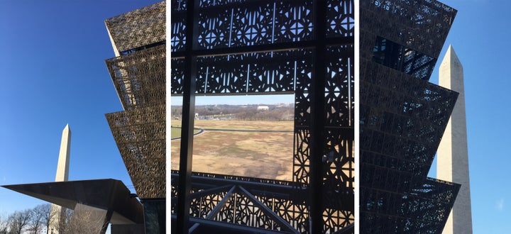 <p>LEFT: “Porch” entrance detached from the building. CENTER: Framed view of the Lincoln Memorial, Arlington Cemetery, and Robert E. Lee’s home. RIGHT: The angles of the facade mirror the capstone of the Washington Monument.</p>