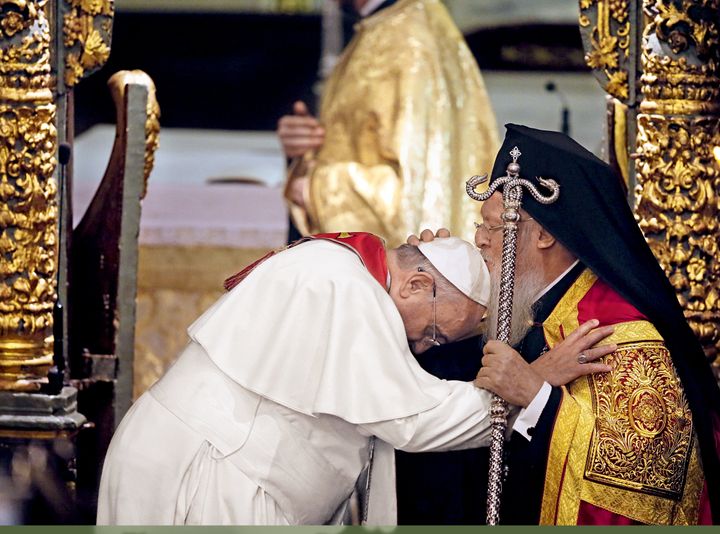 Pope Francis bows to Ecumenical Patriarch Bartholomew I during an ecumenical prayer at the Patriarchal Church of St. George in Istanbul on Nov. 29, 2014