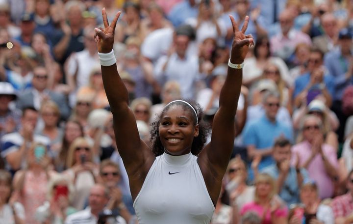 Serena Williams celebrates winning her women's singles final match against Germany's Angelique Kerber at Wimbledon. The tennis superstar announced her engagement Thursday to Reddit co-founder Alexis Ohanian.