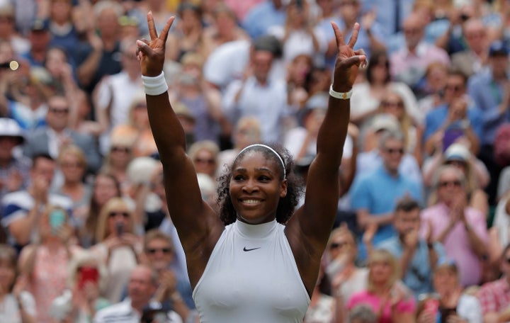 Serena Williams celebrates winning her women's singles final match against Germany's Angelique Kerber at Wimbledon. The tennis superstar announced her engagement Thursday to Reddit co-founder Alexis Ohanian.