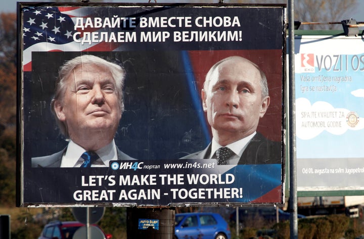 A billboard featuring pictures of U.S. President-elect Donald Trump and Russian President Vladimir Putin in Danilovgrad, Montenegro, on Nov. 16, 2016.