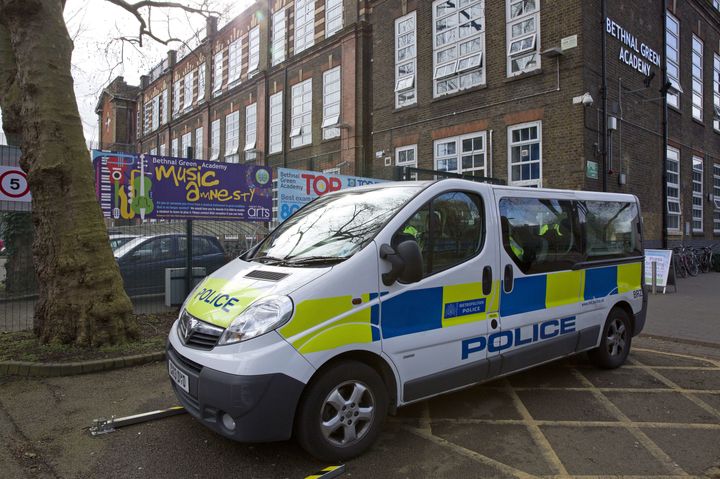 A police vehicle is parked by London's Bethnal Green Academy, where three missing British school girls attended, on Feb. 23, 2015.