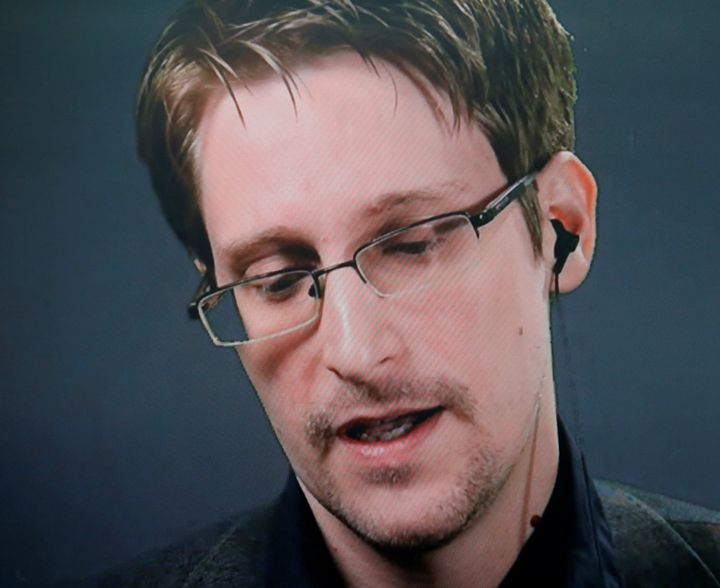 Edward Snowden speaks via a video link during a news conference in New York in September 2016.