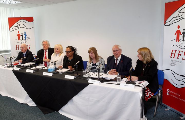 (From the left) Patrick Roche, Michael Mansfield, Jenni Hicks, Marcia Willis Stewart, Margaret Aspinall, Trevor Hicks and Sue Roberts at a press conference after the Hillsborough inquest.
