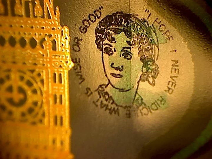 The Jane Austen portrait on one of the £5 notes.