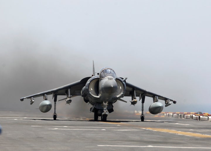 A AV-8B Harrier II from the 13th Marine Expeditionary Unit launches from the USS Boxer (LHD 4) during its first day of striking ISIS held positions in Iraq from the Arabia Gulf, June 16, 2016.