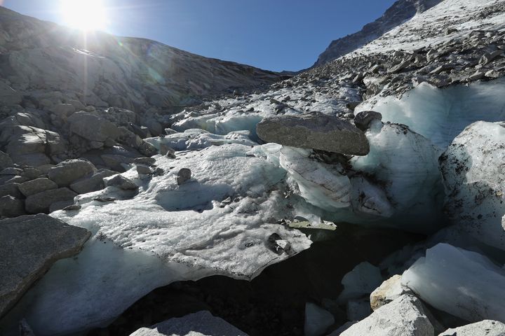 Large chunks of ice melt in the sun near the Hornkees glacier in Austria on Aug. 26.