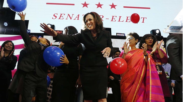 <p>Kamala Harris celebrates at her rally in downtown Los Angeles. </p>