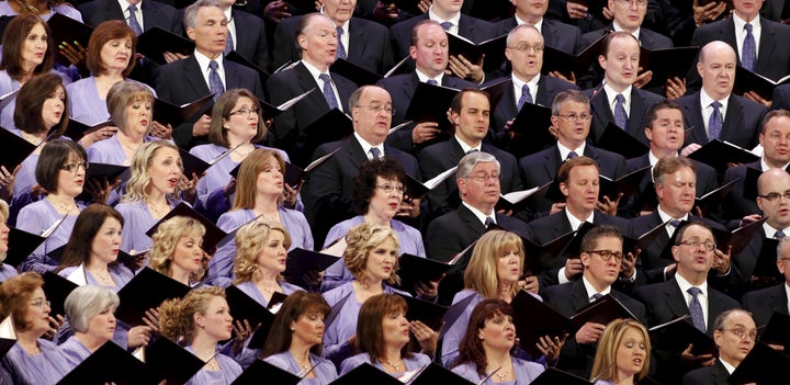 The Mormon Tabernacle Choir sings at the first session of the The Church of Jesus Christ of Latter-day Saints' 185th Annual G