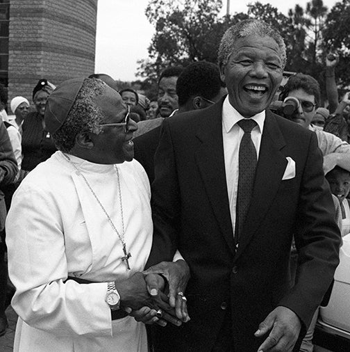<p>Archbishop Desmond Tutu with Nelson Mandela a week after Mandela’s release from prison.</p>