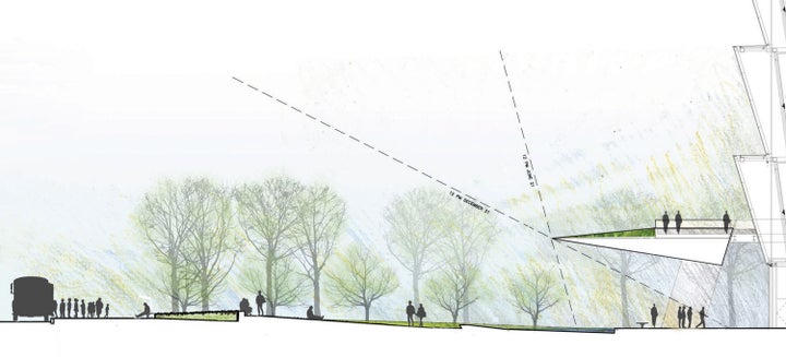 <p>The museum’s “porch” creates a comfortable microclimate at the entrance. </p>