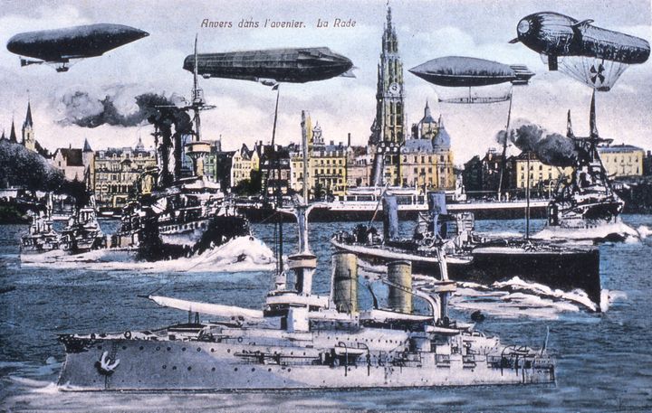 An Amazon patent for a flying airship warehouse that deploys a fleet of drones sounds like science fiction, but drone delivery plans are very real. Above, a postcard of a fanciful Antwerp, Belgium, from the early 1900s. 