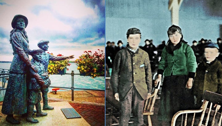 Annie and her brothers as commemorated in a statue at Cobh Heritage Centre (credit: Katherine Borges) and on the day they arrived at Ellis Island (colorized)