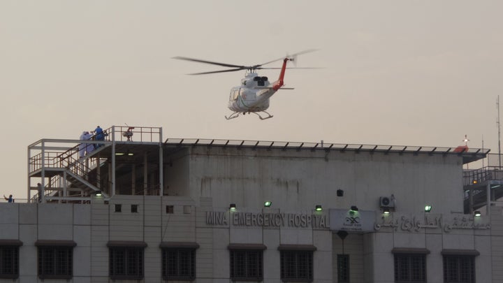 An ambulance helicopter lands at a hospital after hundreds of Muslim hajj pilgrims were killed and injured in a stampede near the city of Mecca in Saudi Arabia.