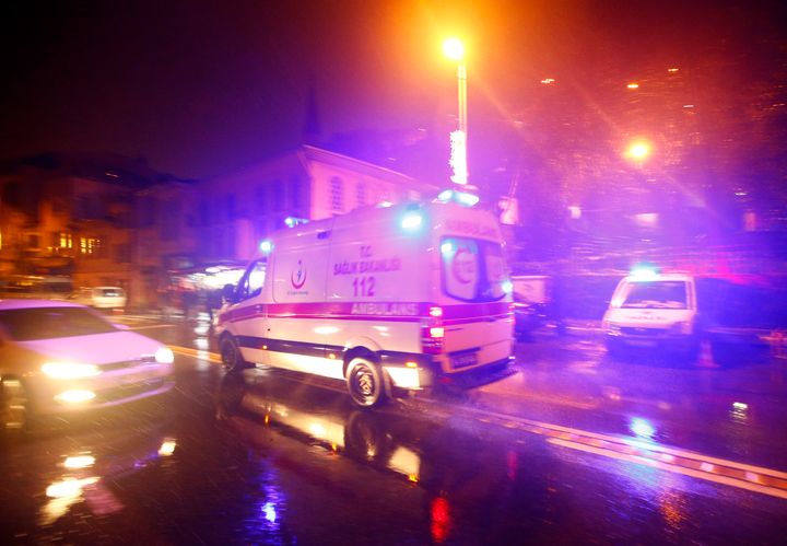 Ambulance car drives next to nightclub in Istambul, Turkey.
