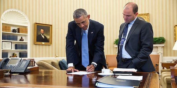 <p>President Obama and Ben Rhodes in the Oval Office.</p>