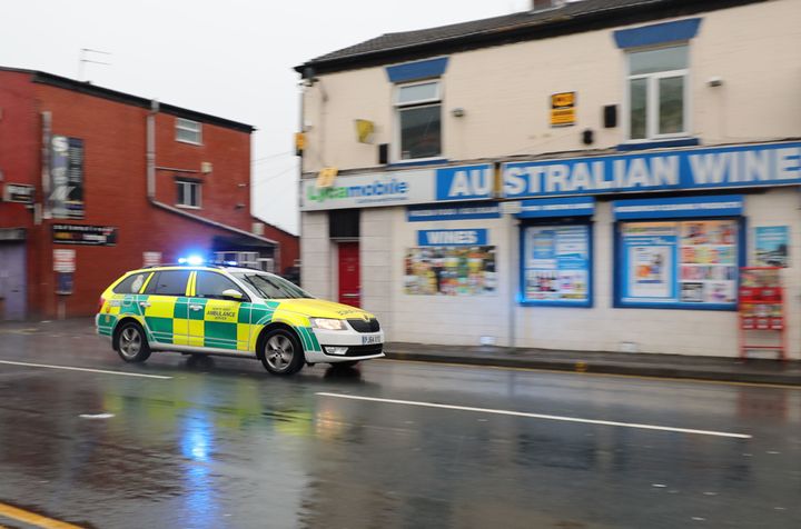 An ambulance at the scene of the hit and run in Oldham