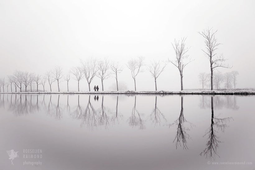 Frost covered trees reflecting in the water on the last day of the year