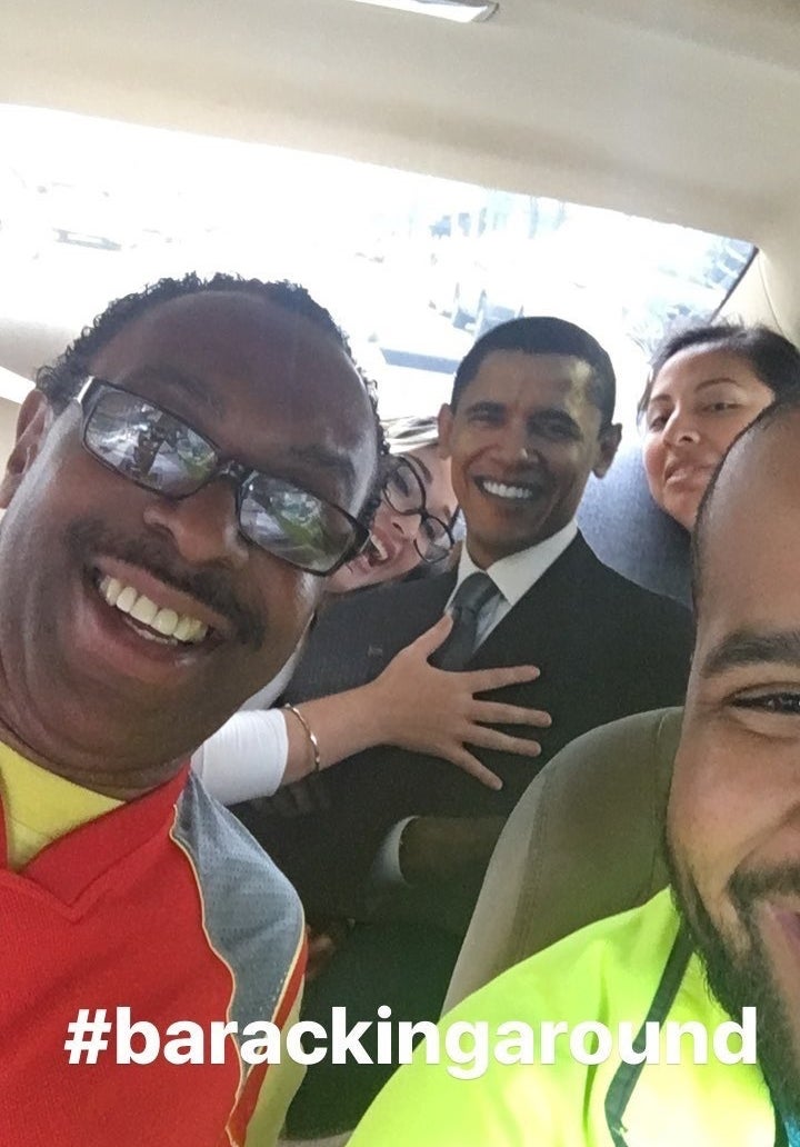 <p>#BarackingAround with strangers in an Uber carpool</p>