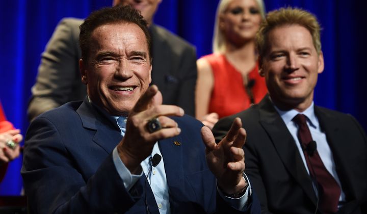 Arnold Schwarzenegger, left, has unveiled his new "Celebrity Apprentice" catchphrase.