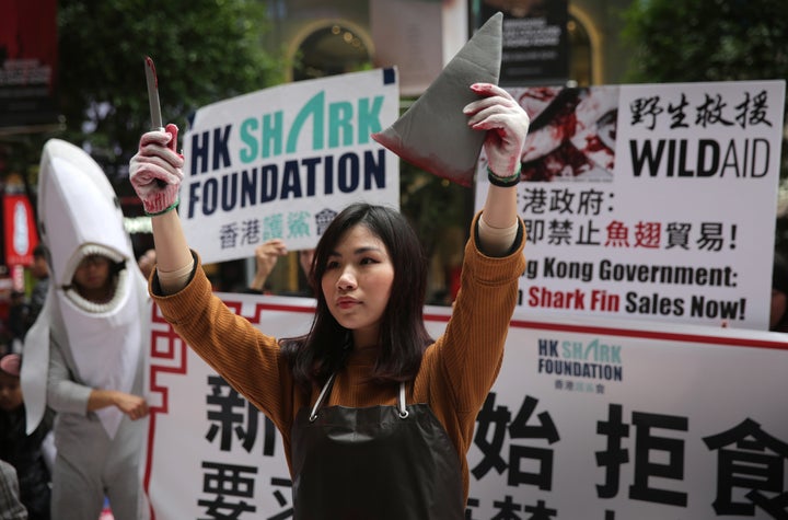 An activist in Hong Kong holds up a fake knife and shark fin during a protest to draw attention to the shark fin trade on Jan. 30, 2016.