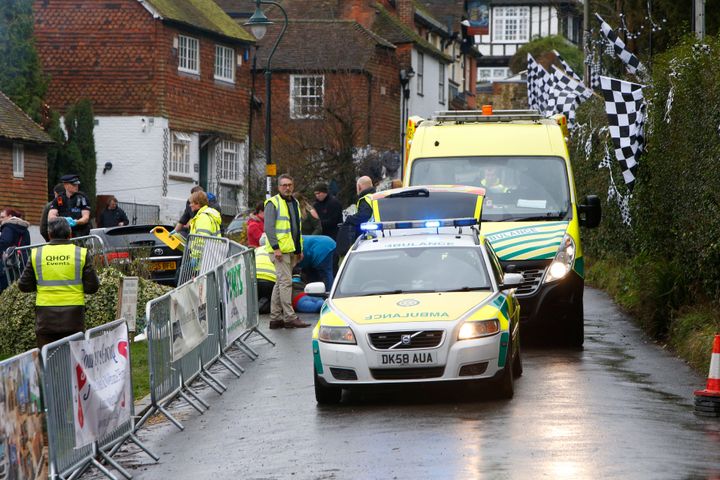 A pram racer is treated at the scene at Sutton Valence, Kent after an accident.